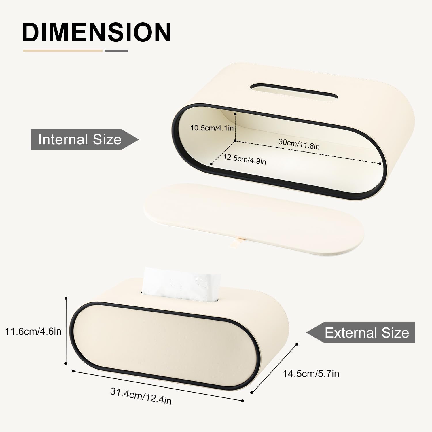 Tissue Box Cover,Beige Oval Leather Tissue Box Holders with Black Edging Accents,Decorative Tissue Covers for Bathroom Toilet Bedroom Living Room Table Desk Office Car image 5