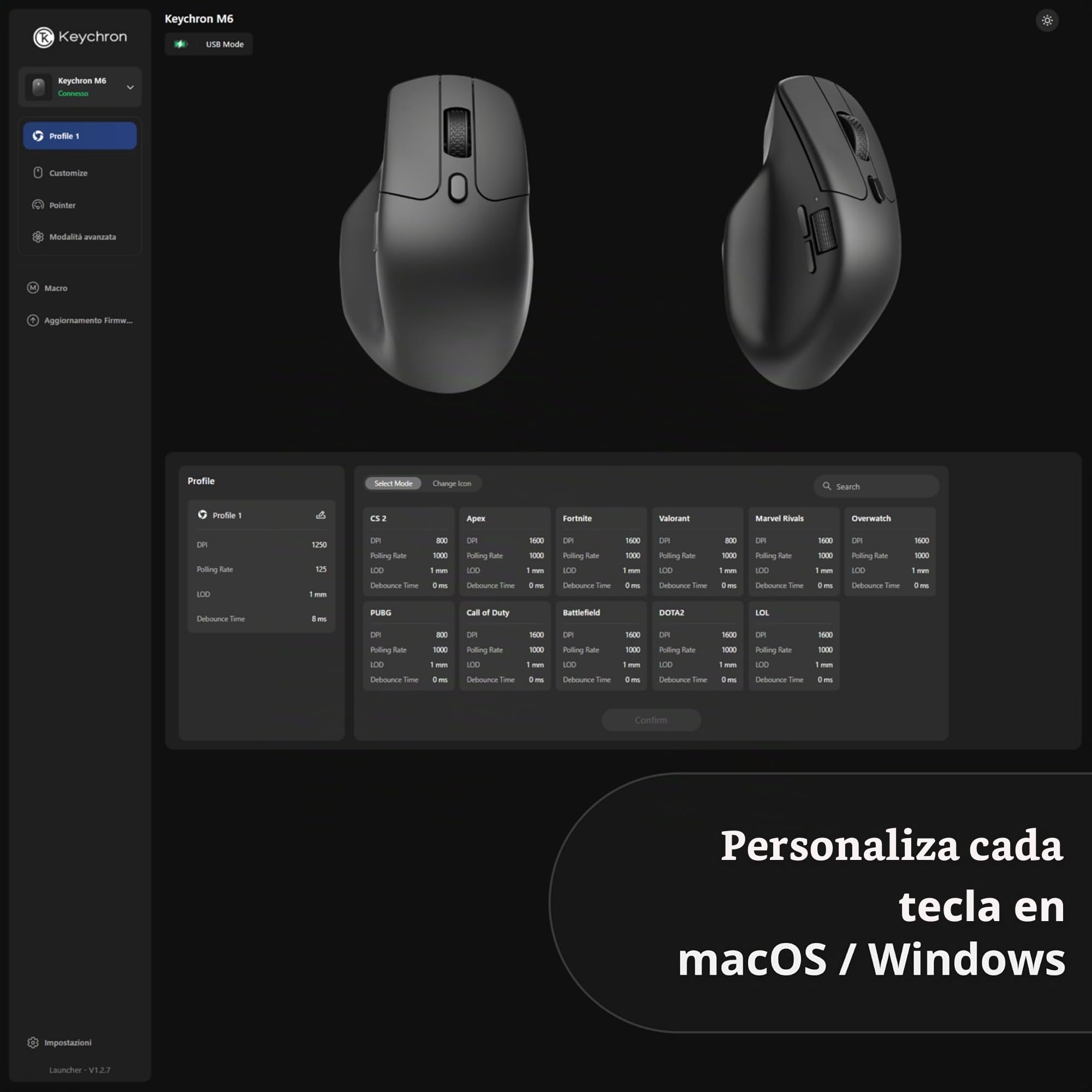 Keychron M6 Ratón Inalámbrico 8000Hz, 2.4 GHz/Bluetooth 5.3 / USB-C, 30 000 dpi, Sensor PixArt 3950, hasta 120 Horas de Batería, Ratón Gaming Programable para Windows, macOS y Linux – Negro