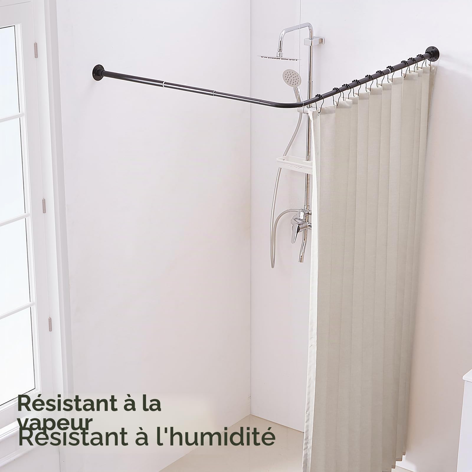 Barre de Douche d'Angle en L Réglable [62-121 cm] x [62-121 cm], avec 12 Crochets et Support de Plafond pour Baignoire ou Salle de Bain - Noir Mat