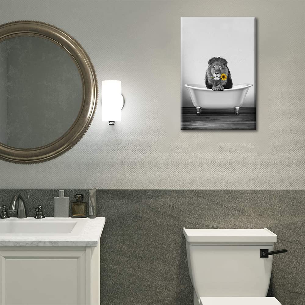 Canvas Wall Art Bathroom Decor Art Prints Painting for Living Room Bedroom Cute Animal LionTake Shower on The Bathtub Pictures Framed Artworks for Walls Ready to Hang 8x12inch (20x30cm) - Image 2