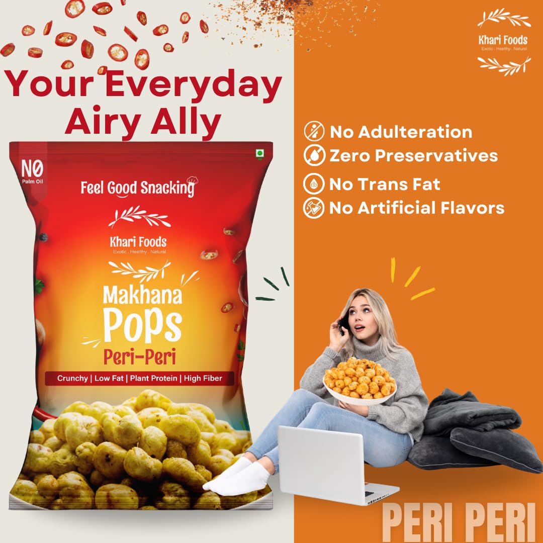 Khari Foods Premium Flavoured Makhana 25g, Crunchy & Roasted Makhana Pops, Protein Source, Fibre Rich, No Palm Oil, Gluten Free (Peri Peri Pack 4) 2