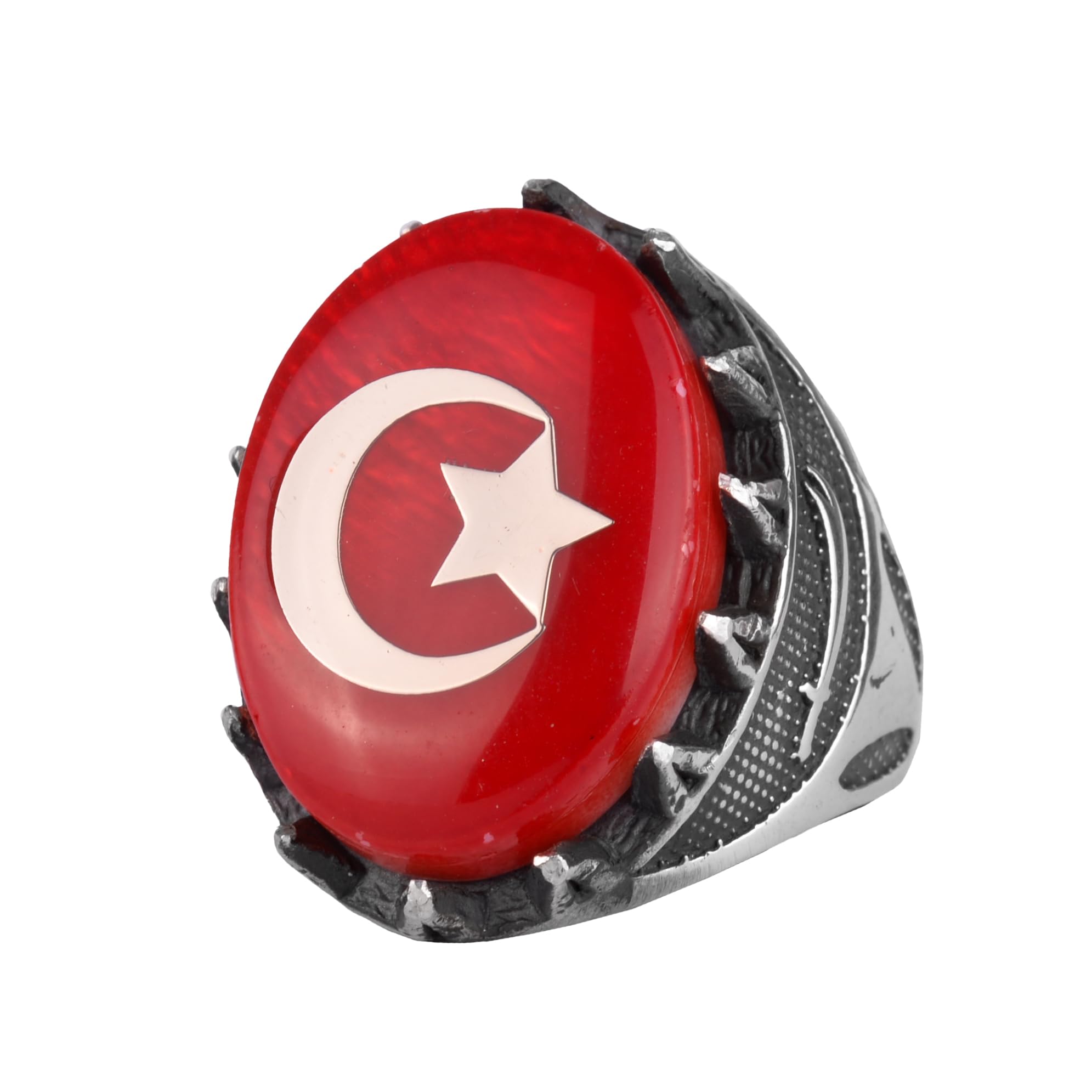 Natural Pearl Gemstone Turkish Flag Crescent Star 925 Sterling Silver Men’s Ring Handmade Symbolic Jewelry