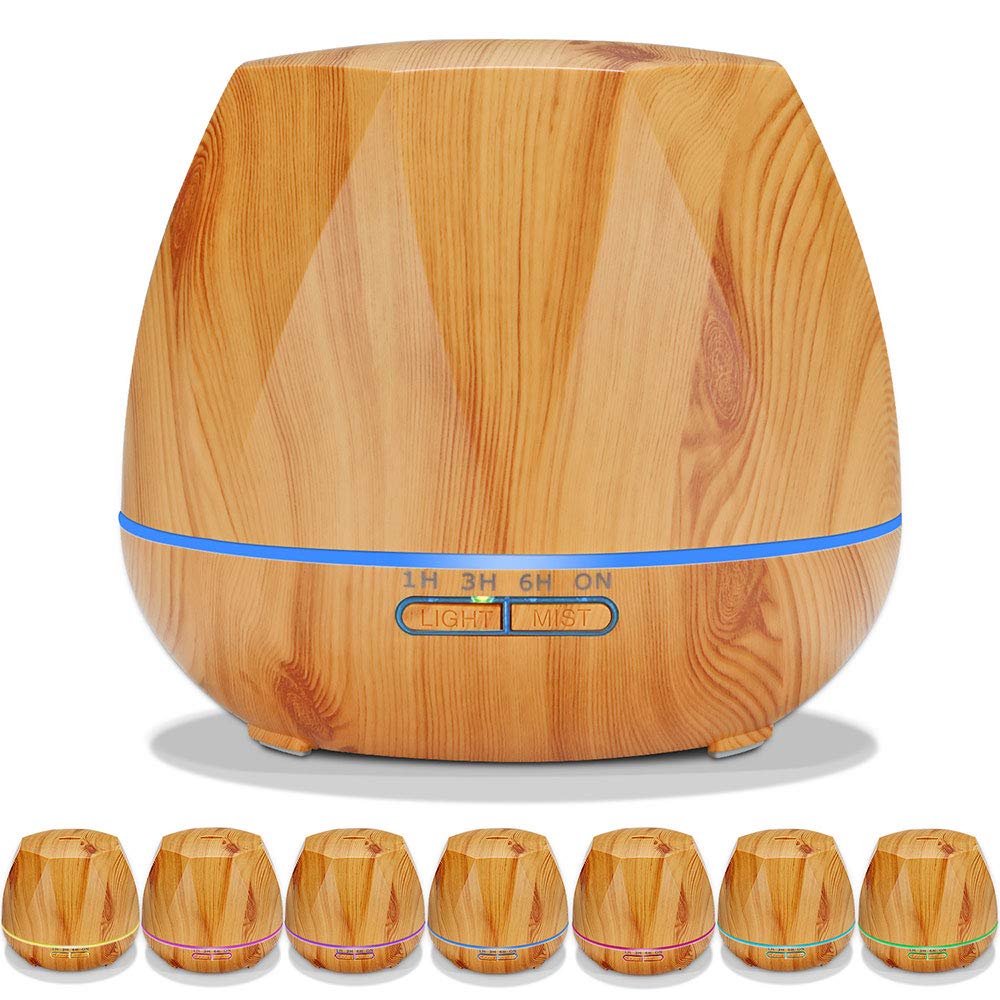 Difusores de aceite esencial, 550 ml Ultrasónico Cool Mist Aromaterapia Difusor Humidificador de aire con 7 luces LED el hogar/Dormitorio/Yoga con control remoto Temporizador-Grano de madera claro