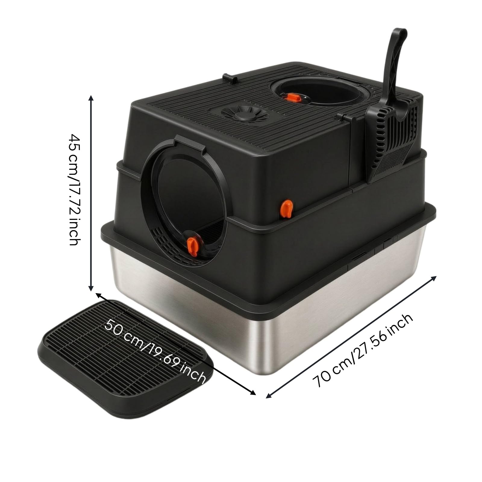 Caja de Arena para Gatos Contenedor Cerrado Arenero Bandeja en Acero Inoxidable con Dos Accesos y Superficie Estriada Reduce Rastros Incluye Removedor, Negro Grafito