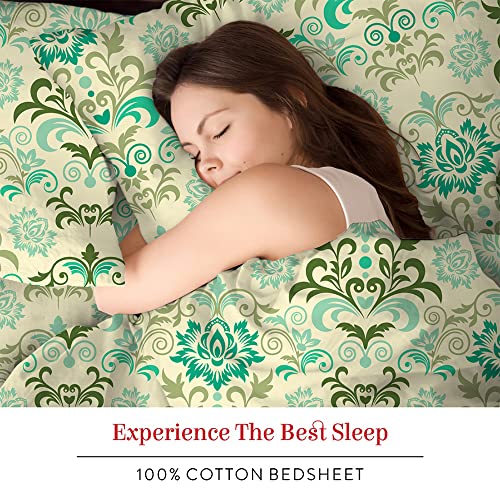 Image of Layers 100% Cotton Bedsheet for Single Bed with 1 Pillow Cover (Ethnic Pattern, Green) Light Weight, Breathable, Moisture Absorbent, All Season Comfort, Classic Collection