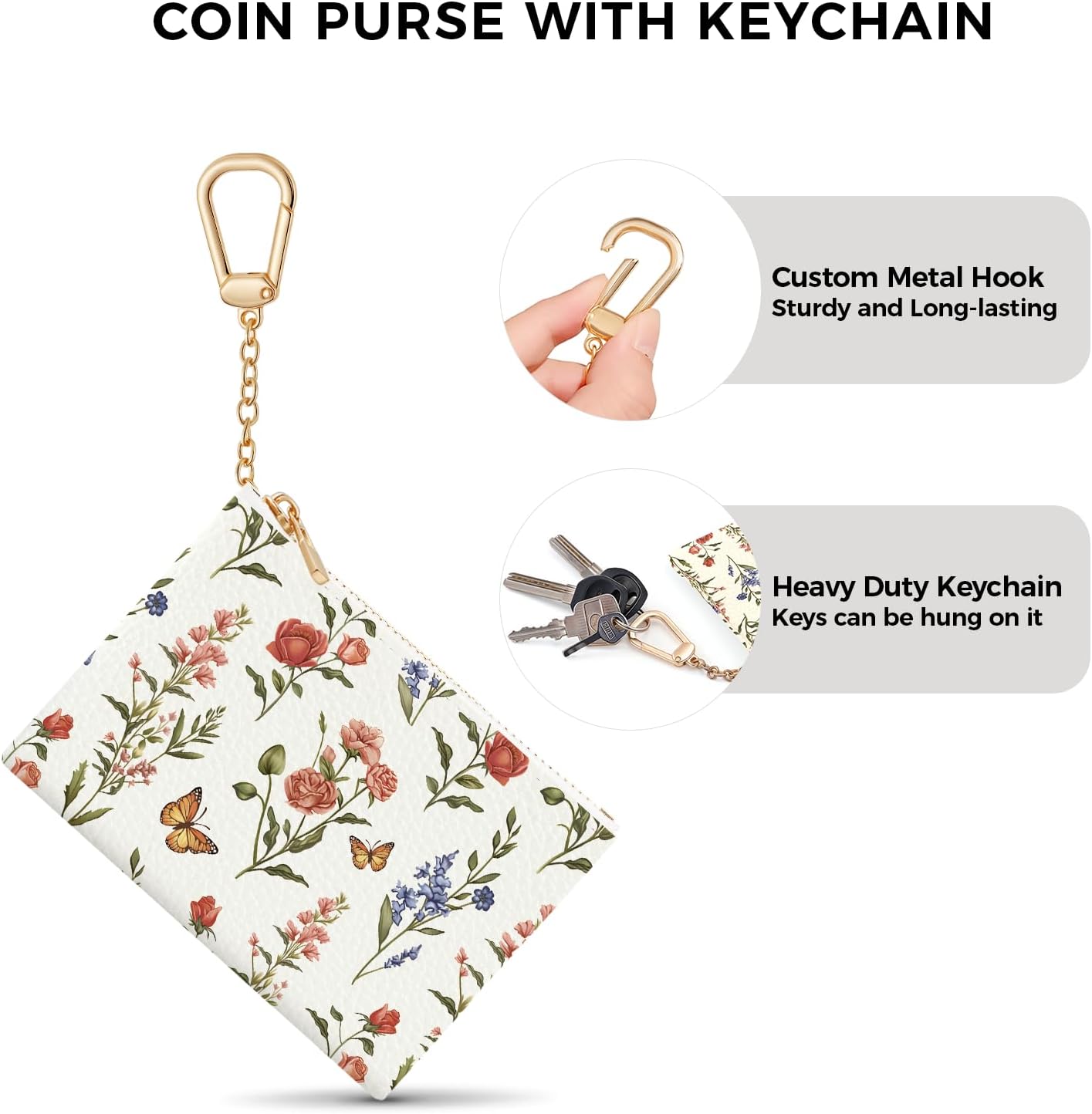 Colorful Flower with Butterfly Keychain Coin Purse for Women, Small PU Leather Change Pouch, Zipper Little Tiny Travel Wallet for Girls, Cute Kawaii Zip Pocket Coin Holder with Key Ring - Image 7