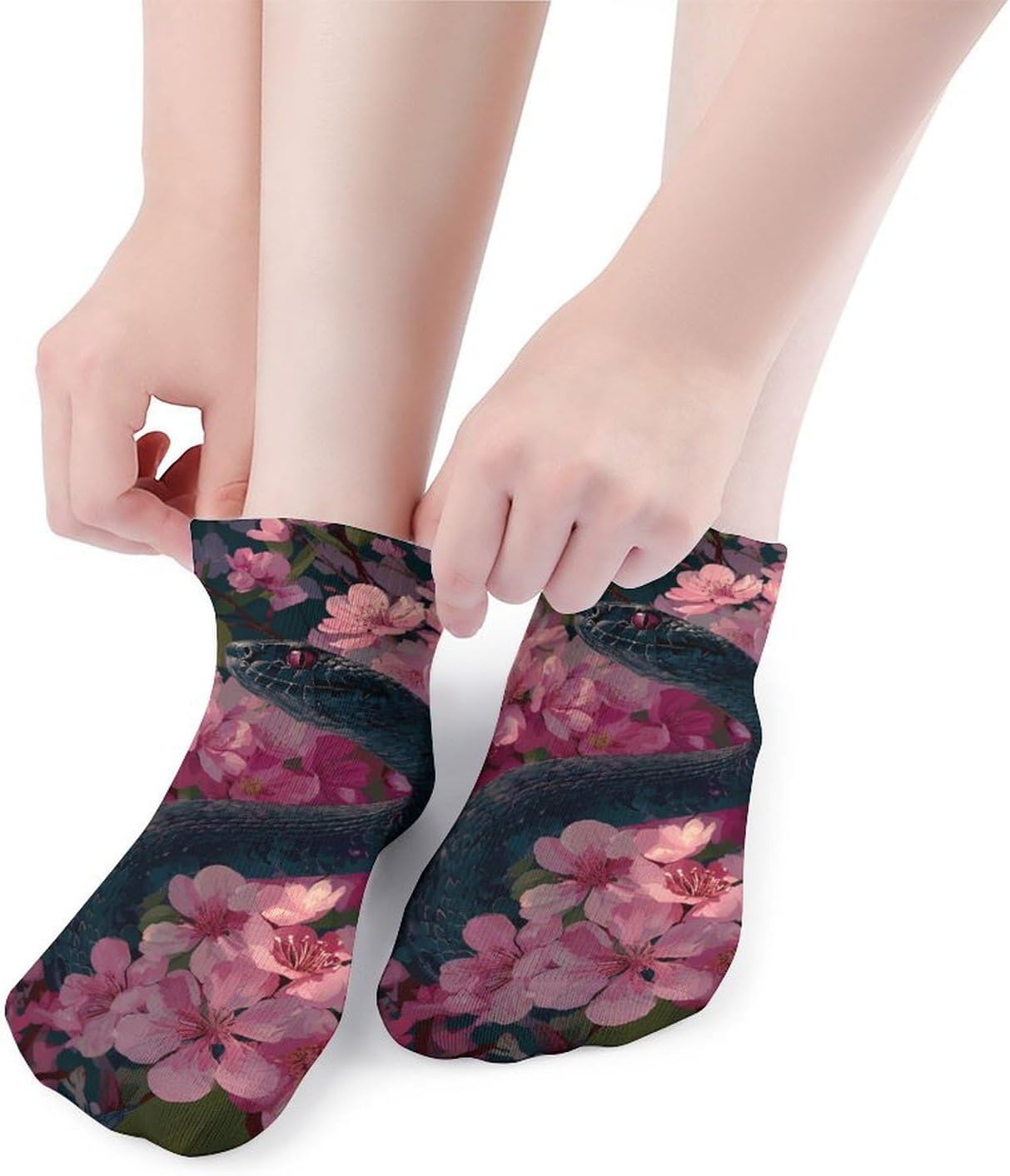 Snake Cherries Flowers No Show Ankle Socks Low Cut Non Slip Flat Boat Line 5 Pairs Set