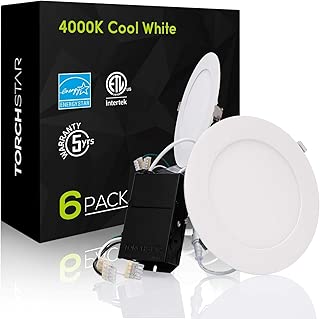 TORCHSTAR Premium Elite Series 13.5W 6-Inch Slim LED Recessed Light with J-Box, 4000K Cool White, Dimmable Panel Downlight, 950lm, ETL & Energy Star, 5 Years Warranty, White, Pack of 6 - coolthings.us