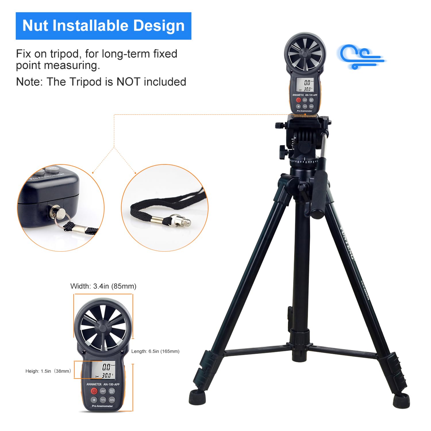 Anémomètre Enregistreur Bluetooth Compteur de Vent Vitesse, AIOMEST Anemometre Portable Connecté Mesureur Vitesse du Vent 30m/s et Température, Pour HVAC/CVC,VMC, Drone et Vents Conduits