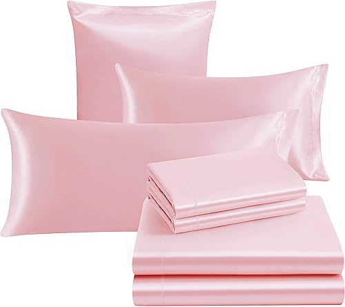 Miniatura 3 de Ersmak Juego de sábanas de satén de 7 piezas, tamaño Queen, juego de sábanas de satén rosa rubor sedoso de lujo con 1 sábana bajera de bolsillo