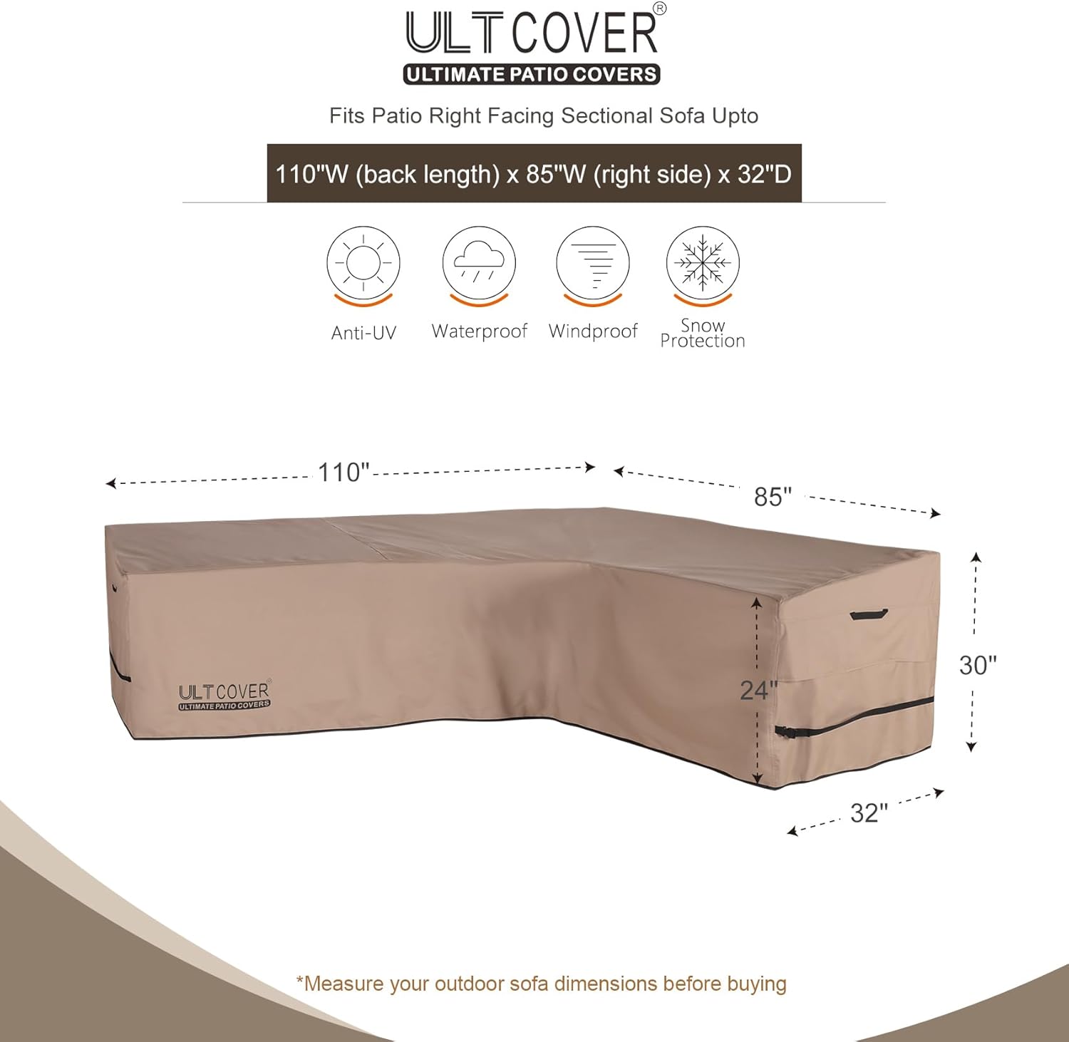 ULTCOVER Patio L-Shaped Right Facing Sofa Cover Waterproof for 6-Seater Outdoor Sectional Furniture Couch 110”W (Back Length) x 85”W (Right Side) - Image 2