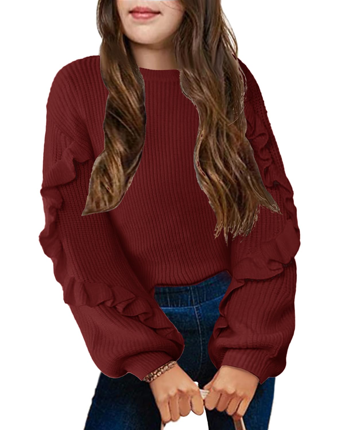 Arshiner Girls Long Lantern Sleeve Sweaters Crew Neck Knit Pullover Jumper Top