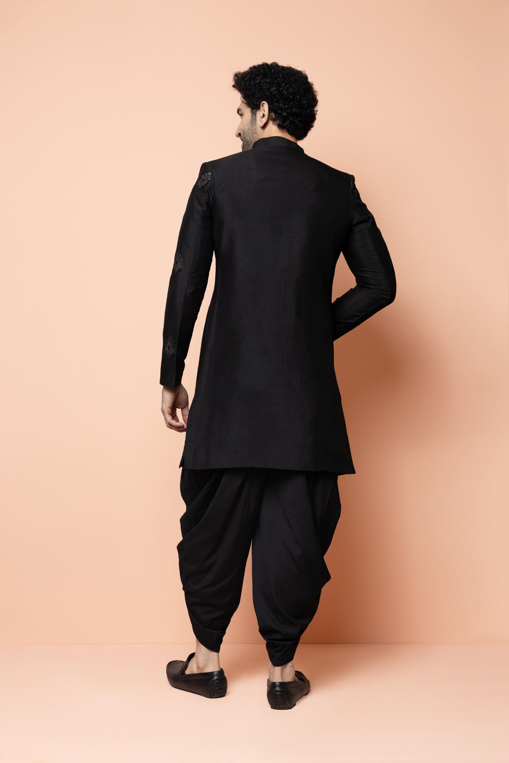 Kisah Men's Sherwani Dhoti Set, Silk Blend Full Sleaves, Knee Length, Straight, Regular Fit, Mandarin Collar Ethnic Wear, 40 Black