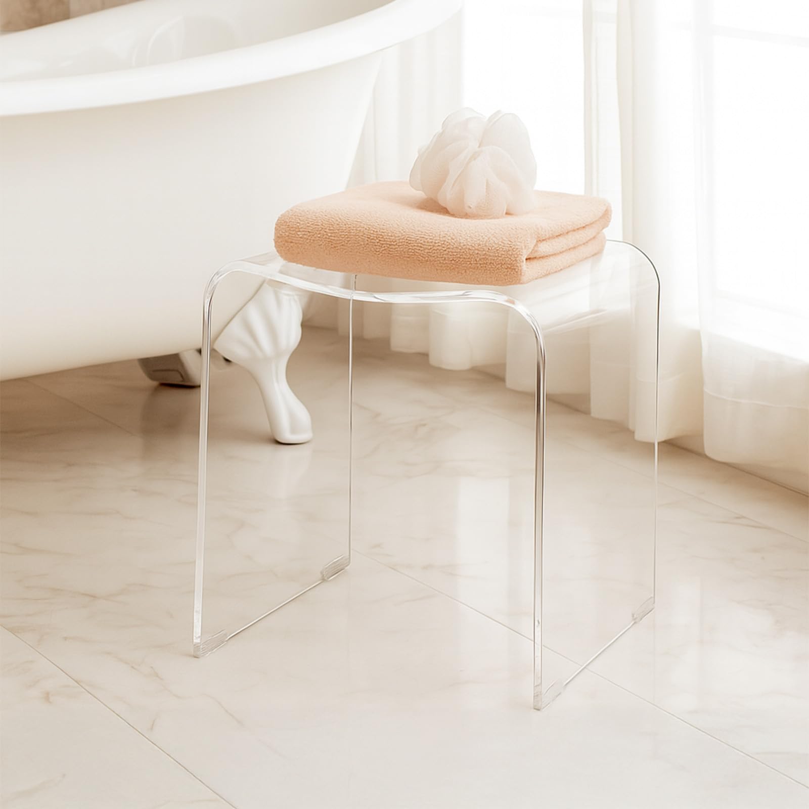 Transparenter Duschhocker aus Acryl – Rückenlehnenloser, wasserfester Acrylsitz mit Griffaussparung; belastbar bis 113 kg (250 lbs) tragbarer Tritthocker für die Badewanne