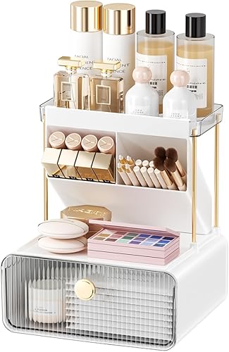 Organizador de maquillaje con cajón, organizador de baño y almacenamiento, soporte para brochas de maquillaje, organizador de lápiz labial y