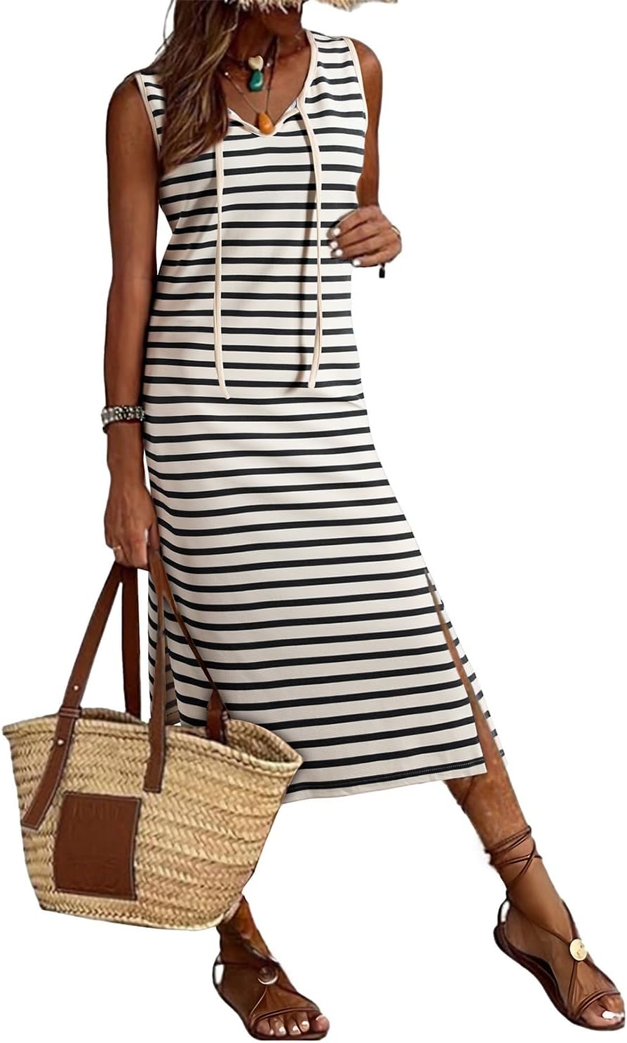 BLENCOT Womens 2025 Spring Summer V Neck Striped Dress Sleeveless String Side Slit Casual Maxi Beach Dress