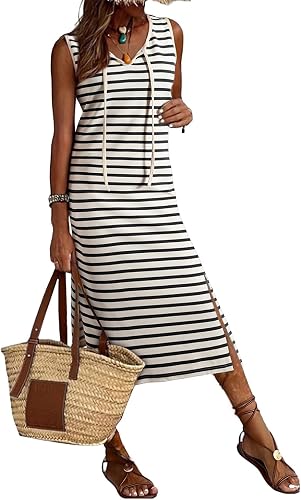 BLENCOT Womens Summer V Neck Striped Dress Sleeveless String Side Apricot S