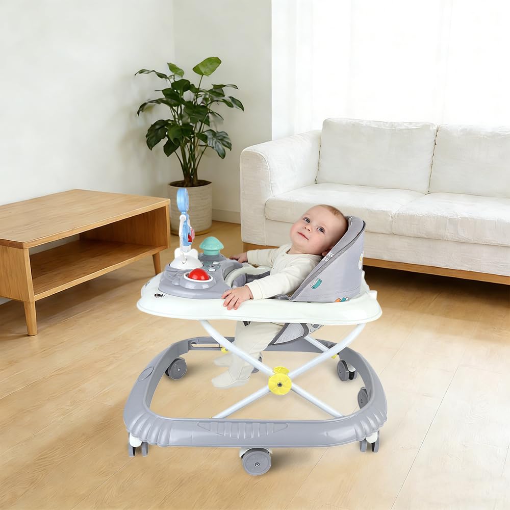 Girarrosto pieghevole per bambini, altezza regolabile, girello con musica, giocattolo per bambini (grigio, 67 x 72 x 92 cm)