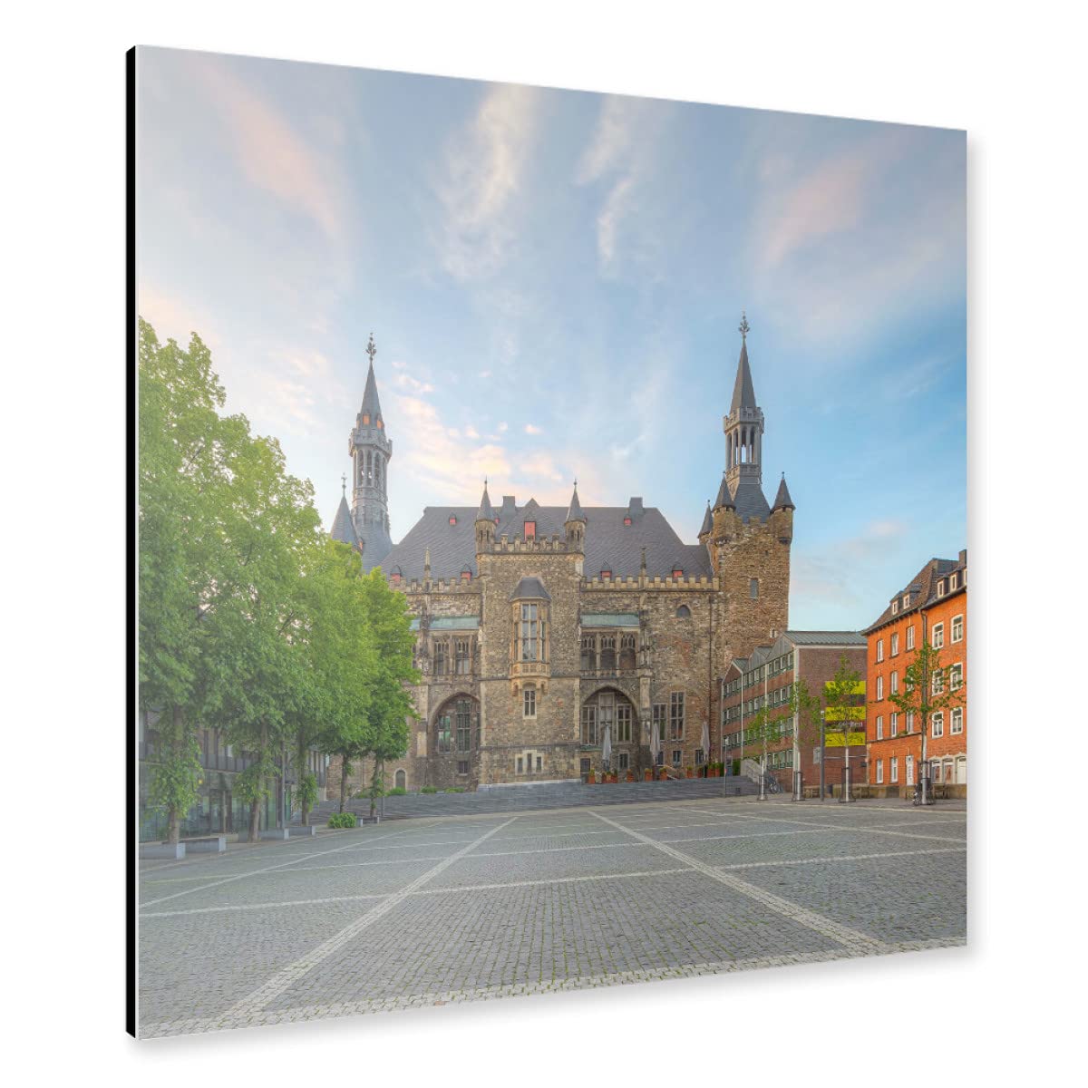 artboxONE Alu-Print 40x40 cm Rathaus Aachen Sonnenuntergang von Künstler Michael Valjak