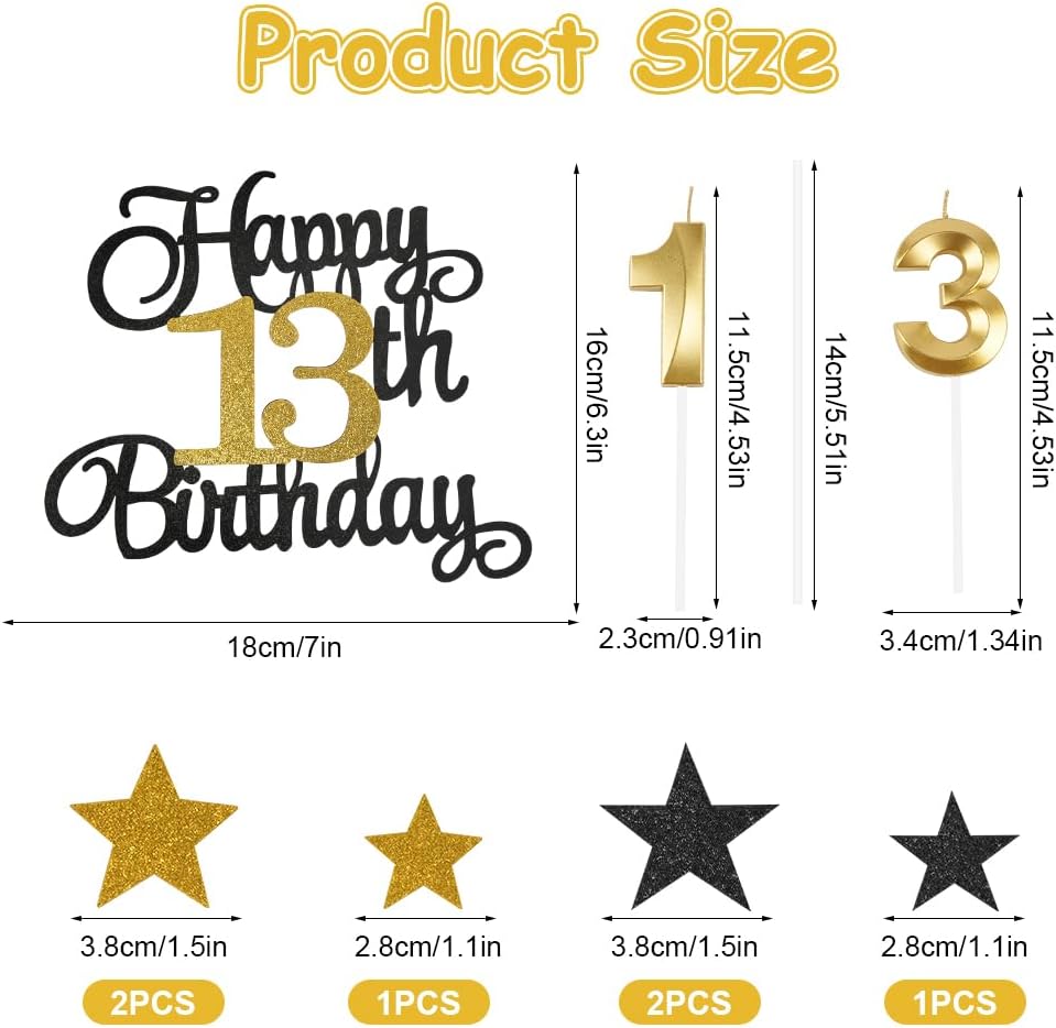 Ainiv Happy 13th Birthday Cake Toppers Set, Black Gold image 2