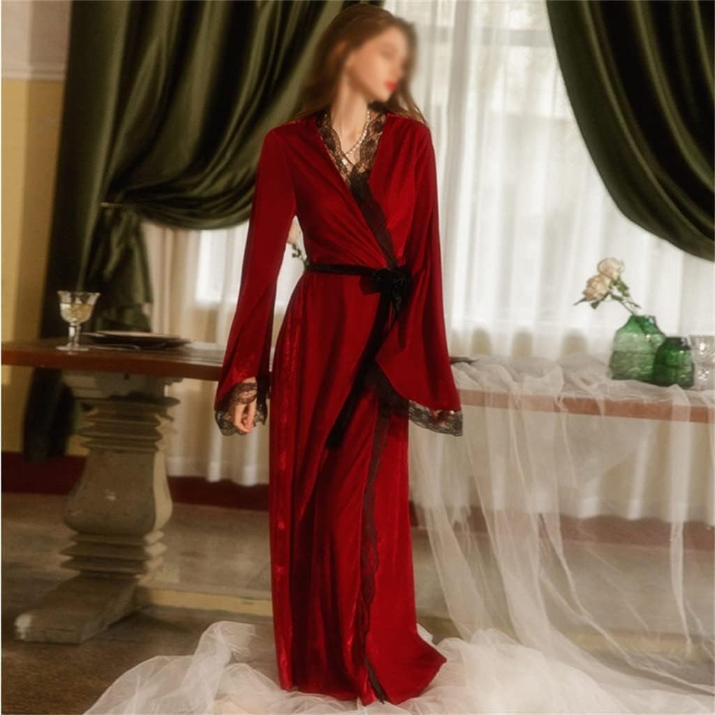 Velvet Women's Long Dress Red Spring And Autumn Women's Elegant Lace Bathrobe Long Sleeve Sleepwear With Belt Women