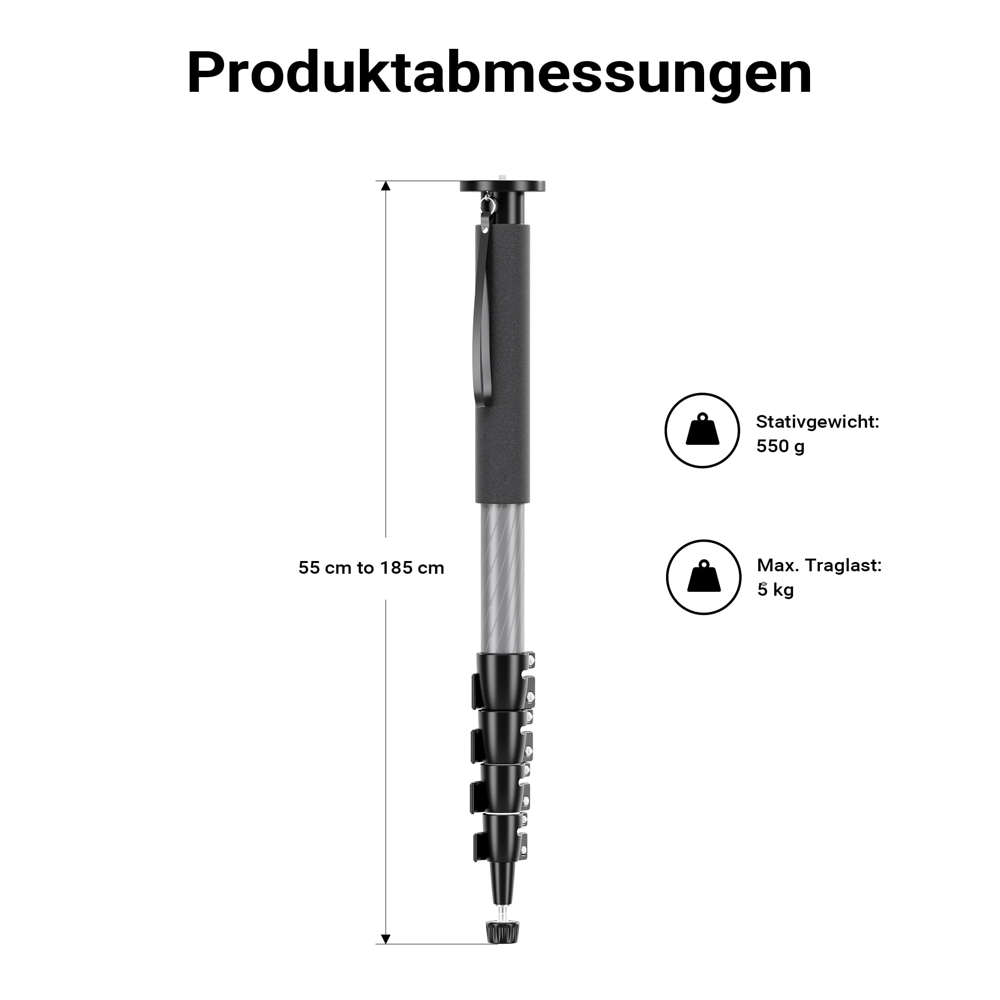 Walimex pro Zestaw z monopodem z włókna węglowego z 1983 r. + głowicą kulową Onyx 8, statyw podróżny o wysokości do 185 cm z aluminiową głowicą i kompatybilną płytką szybkiej wymiany
