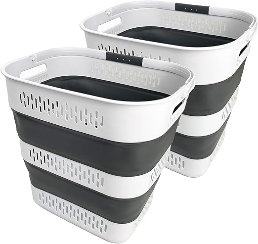 SAMMART 40L (10.5 Gallon) Collapsible Plastic Laundry Basket with Handles - Foldable Pop Up Storage Container/Organizer - Portable Laundry Hamper - Space Saving (2, White/Steel Grey)