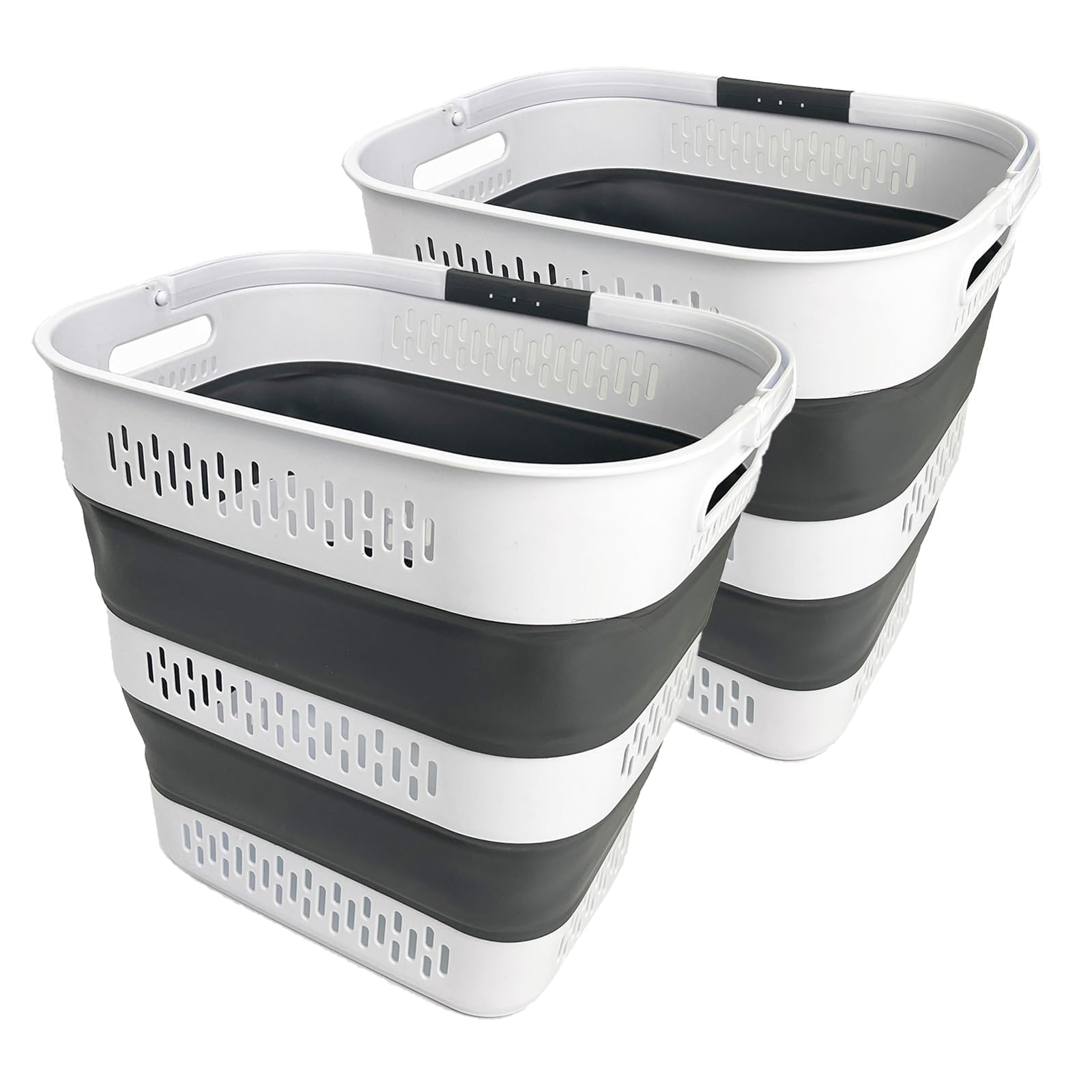 SAMMART 40L Collapsible Plastic Laundry Basket with Handles - Foldable Pop Up Storage Container/Organizer - Portable Laundry Hamper - Space Saving (2, White/Steel Grey)
