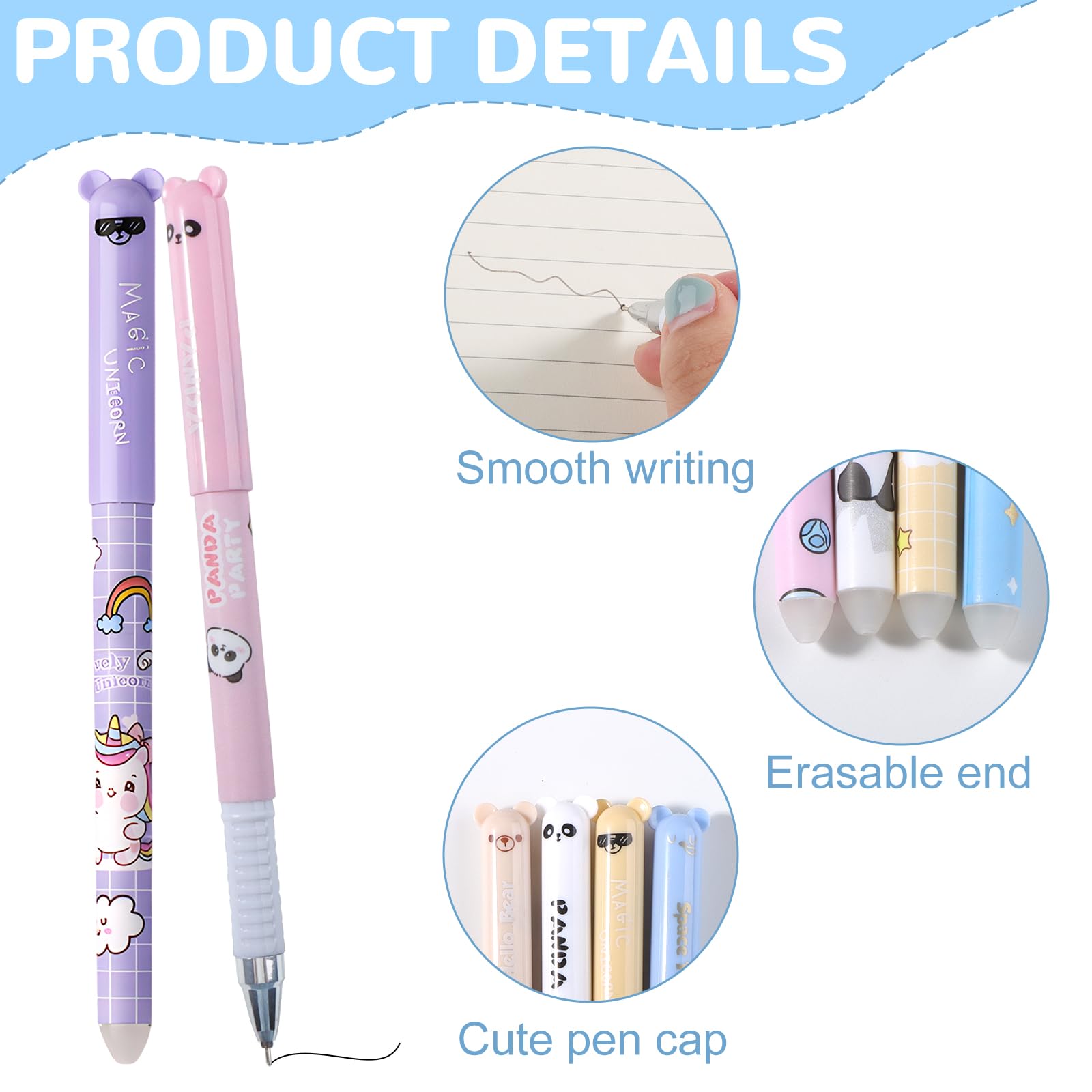 Penne Cancellabili Kawaii a Forma di Cartone Animato, Penna Gel Cancellabile con Gomma, Materiale Scolastico, 4 Stili