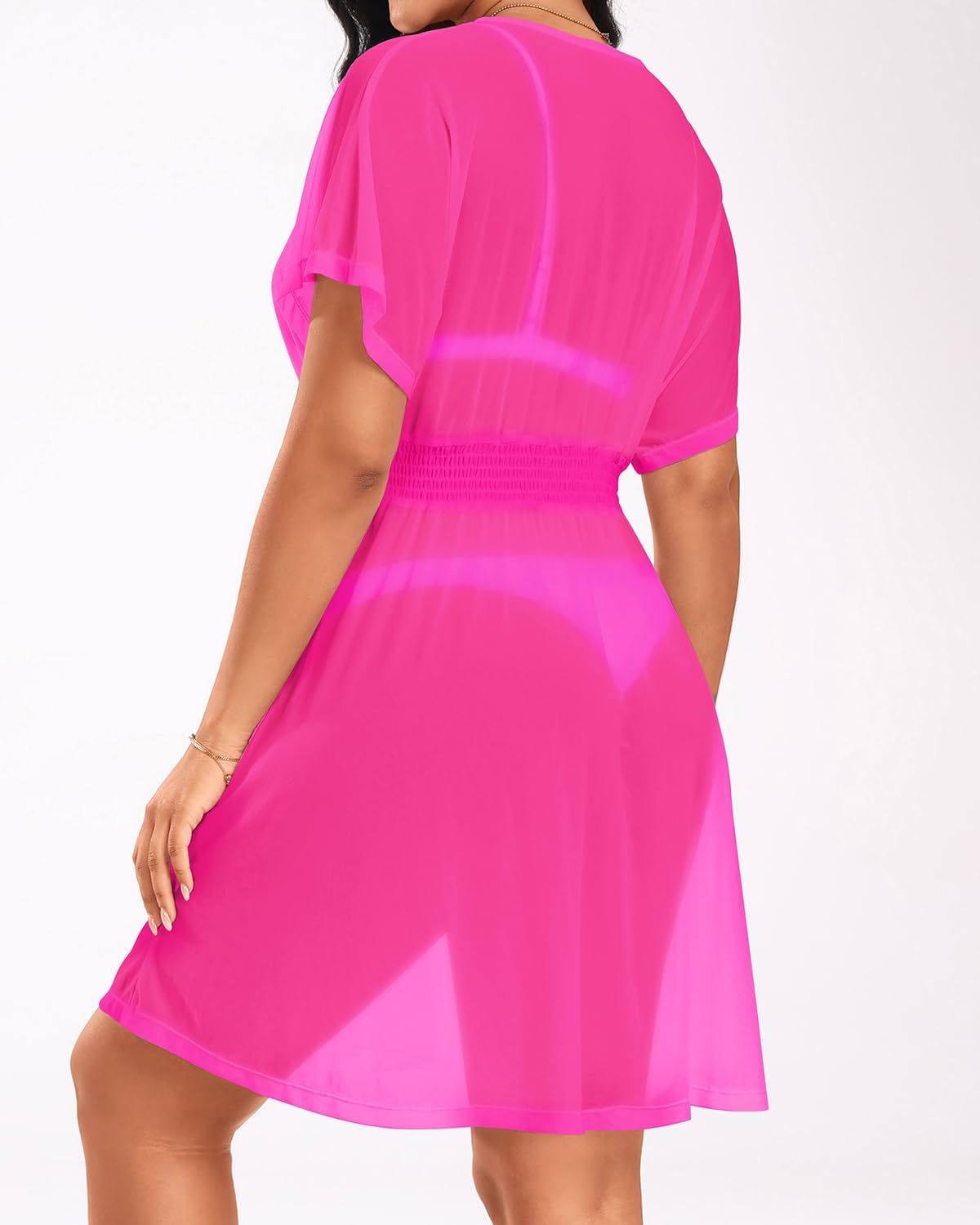 Pinup Fashion Swimsuit Coverup Women Sheer Smocked Wasit Mesh Beach Cover Dress - Image 2