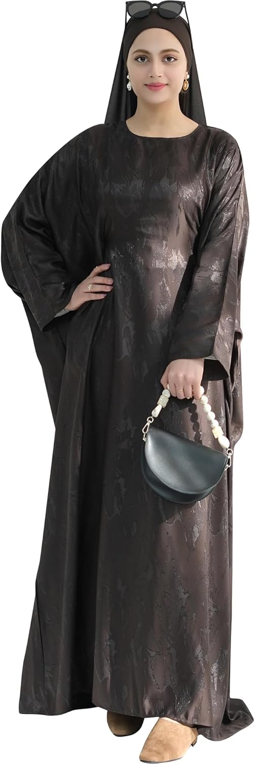 Elegant Eid Clothes Women Muslim Glossy Batwing Sleeve Abaya Ramadan Prayer Dress with Belt