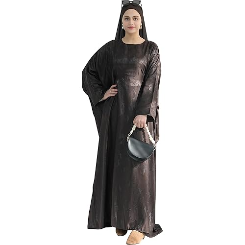 Elegant Eid Clothes Women Muslim Glossy Batwing Sleeve Abaya Ramadan Prayer Dress with Belt