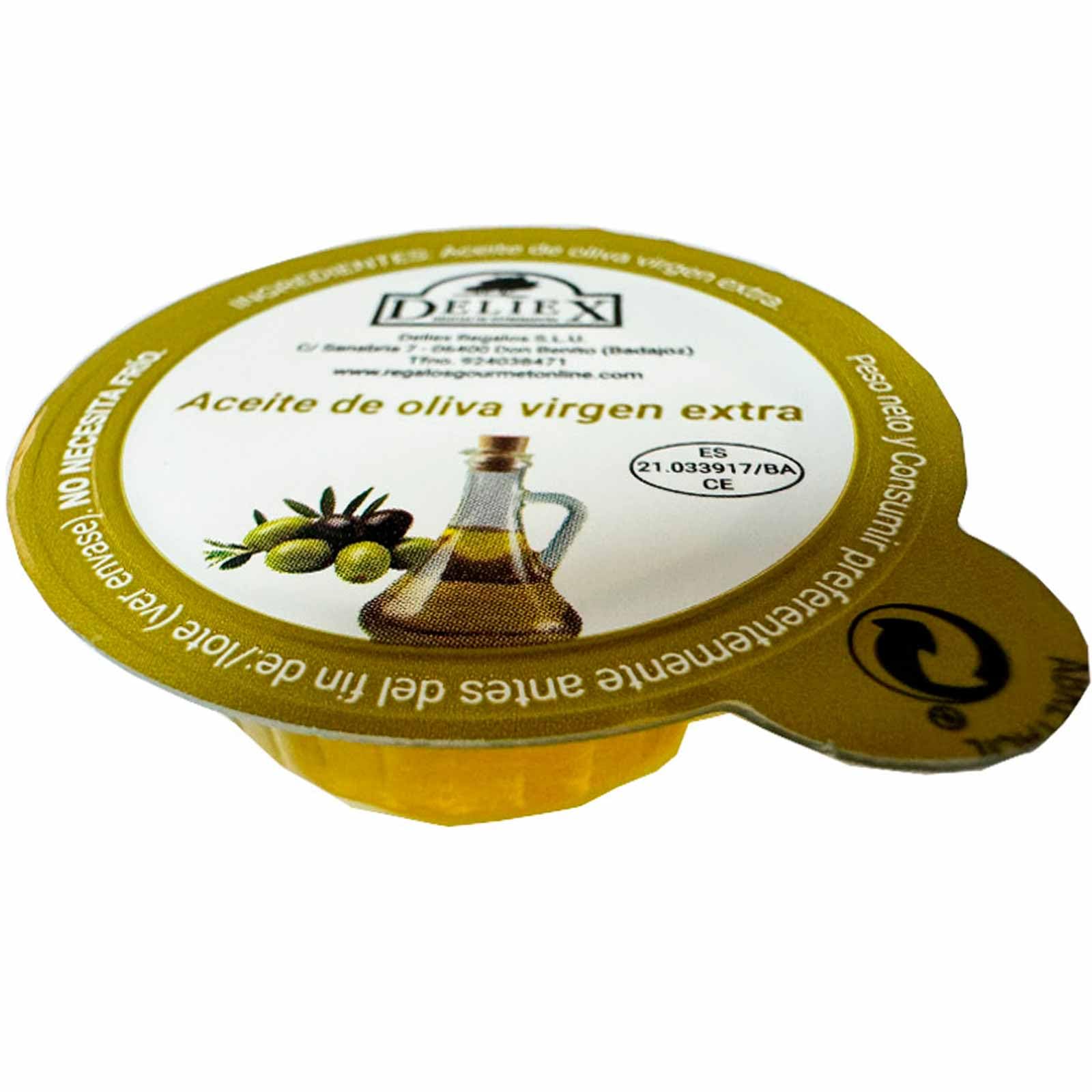 Deliex 40 aceite y vinagre en monodois en cubo, aceite de oliva virgen extra en pequeñas porciones de 10 ml x 40 tarrinas 40 x 8 ml de vinagre añejo (CUBO, Y 40 SOBRES DE SAL)