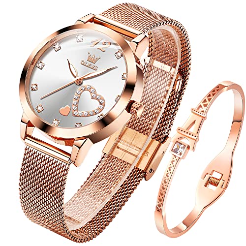 OLEVS Damenuhr-Set Roségold Herz-Diamant Quarz Armbanduhr mit Armreif