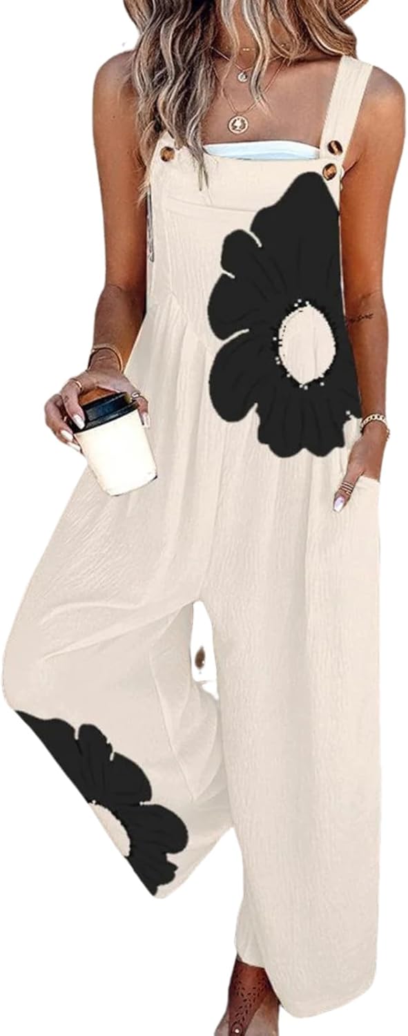 QXE Women's Jumpsuits 2026 Summer Floral Overalls One Piece Outfits Sleeveless Wide Leg Pants Rompers with Pockets