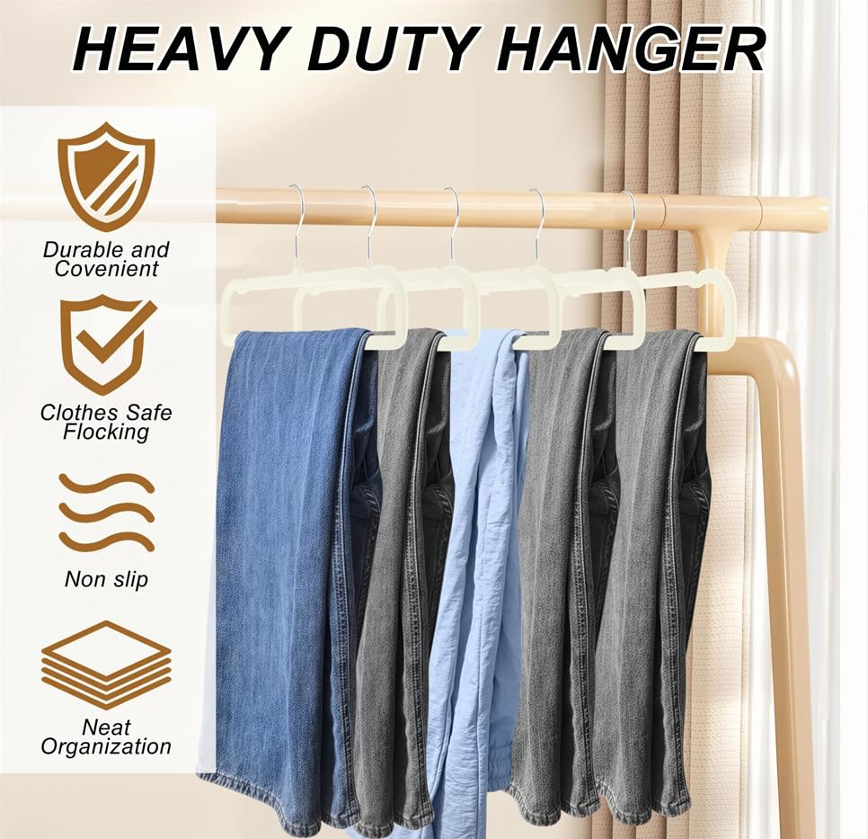 Image of Pants Hangers Space Saving, 12 Pack Velvet Hangers for Closet, Strong Durable Non Slip Slim Clothes Hanger, Ultra Soft Flocked Hanger for Pants, Shirts, Bra, Shorts