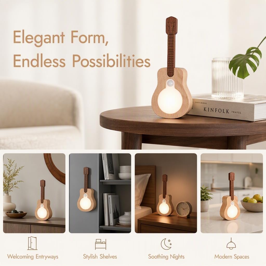 JIUSILIFE Guitar Shape Wooden Night Light with PIR Motion Sensor and Music Player, Type-C Rechargeable Wireless 5 RGB Ambient Lamp for Bedroom Kids Room, Creative Gift for Family Friends,A image 5
