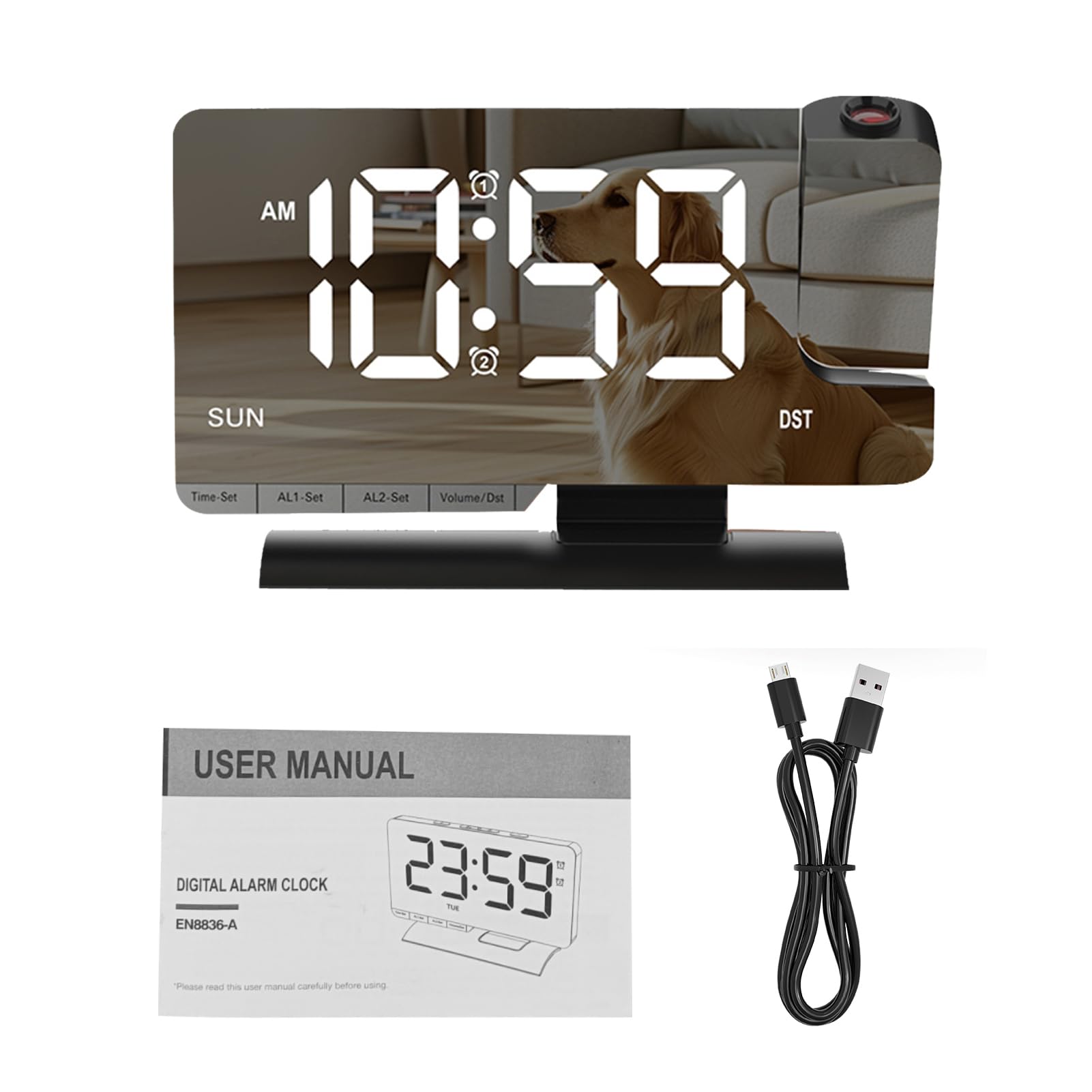 Reloj despertador digital LED con proyector y doble alarma color negro