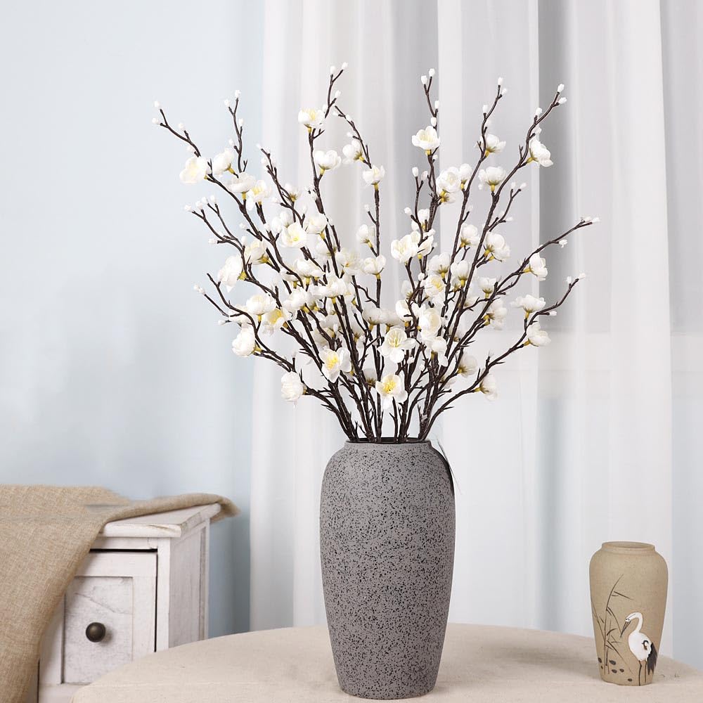 LGEGE White Artificial Flowers 12Pcs Set - Fake Plum Blossom that Looks Real, 55cm Long for Vase Perfect for Home Office Decoration
