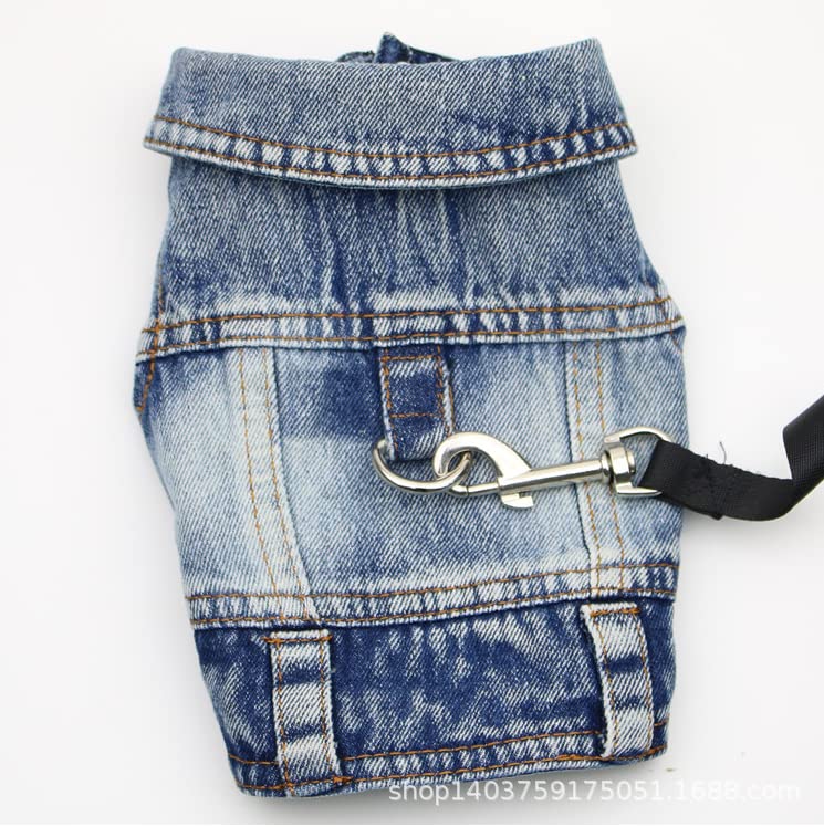 feiling Jeans Hundejacke mit Metallhake für Hundeleine, Denim Hundemantel Outfit Hundekleidung Haustier Weste für Welpen,Kleine, Mittlere Hunde (Blau, S)
