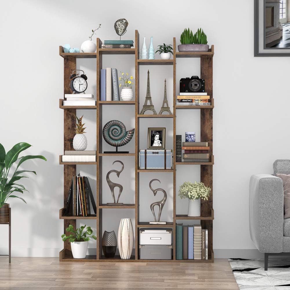 Tribesigns 18-Shelf Bookcase, Vintage Tree Bookshelf Book Rack Display Shelf Storage Organizer for CDs, Records, Books, Home Office Deco (Rustic Brown)
