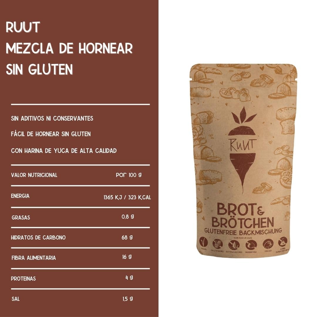 Ruut Mezcla de Harina sin Gluten a Base de Harina de Yuca - Sustituye el Trigo para Hacer Panes y Bollos sin Aditivos con Harina sin Gluten - Harina de Pan Paleo, Vegetariana, Duradera - 3x810 g