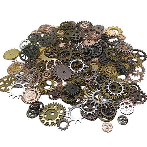 200 Gram (Approx 170pcs) DIY Assorted Color Antique Metal Steampunk Gears Charms Pendant Clock Watch Wheel Gear for Crafting, Cosplay Halloween Decoration,Jewelry Making Accessory