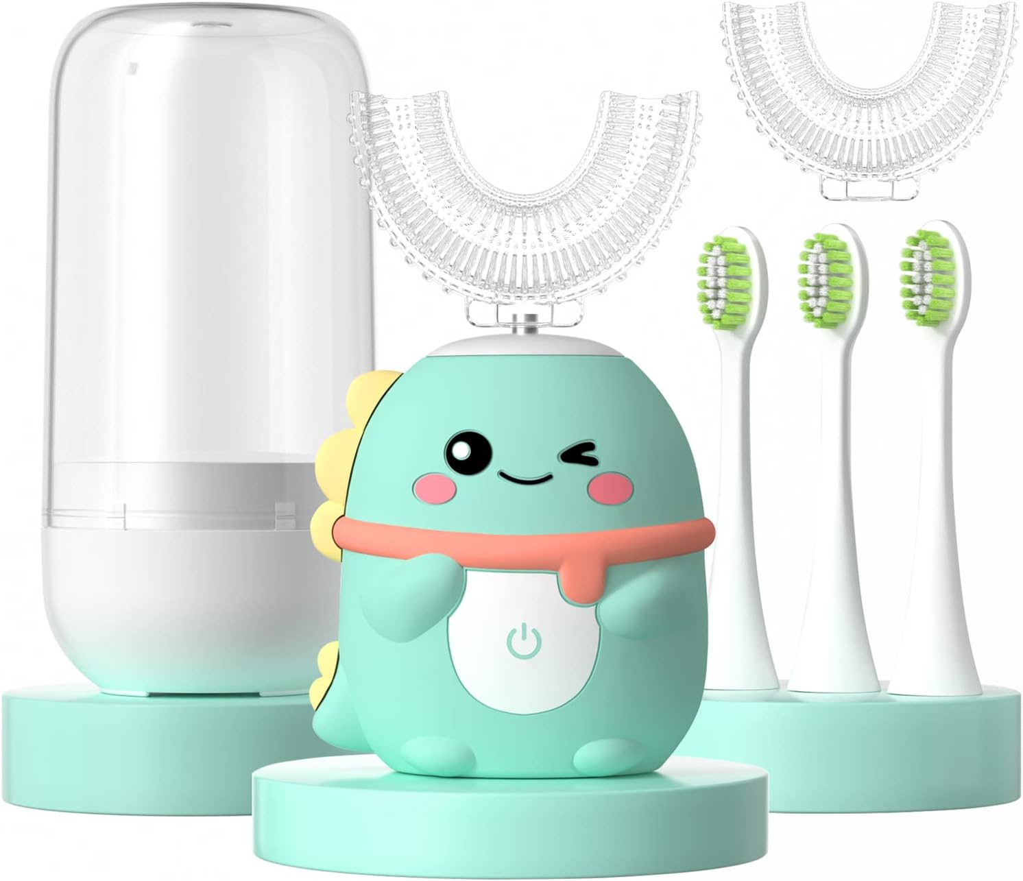 Kids Electric Toothbrush U Shaped Toddler Auto Sonic Toothbrushes with 5 Brush Head๏ผCartoon Dinosaur Ultrasonic Toothbrushes for Children 2-12 Years๏ผ360ยฐ Full Mouth Cleaning Automatic