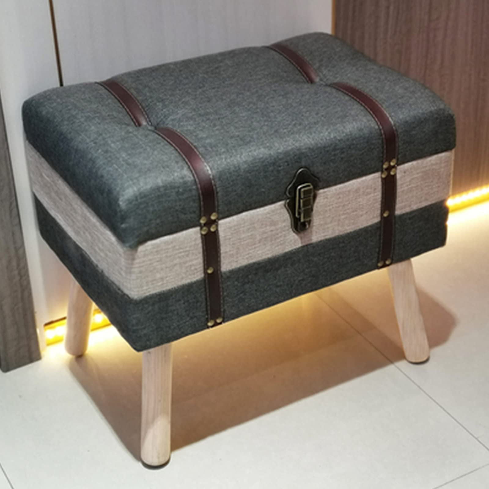 Pouf de rangement en cuir de qualité supérieure avec charnières robustes en bois noble