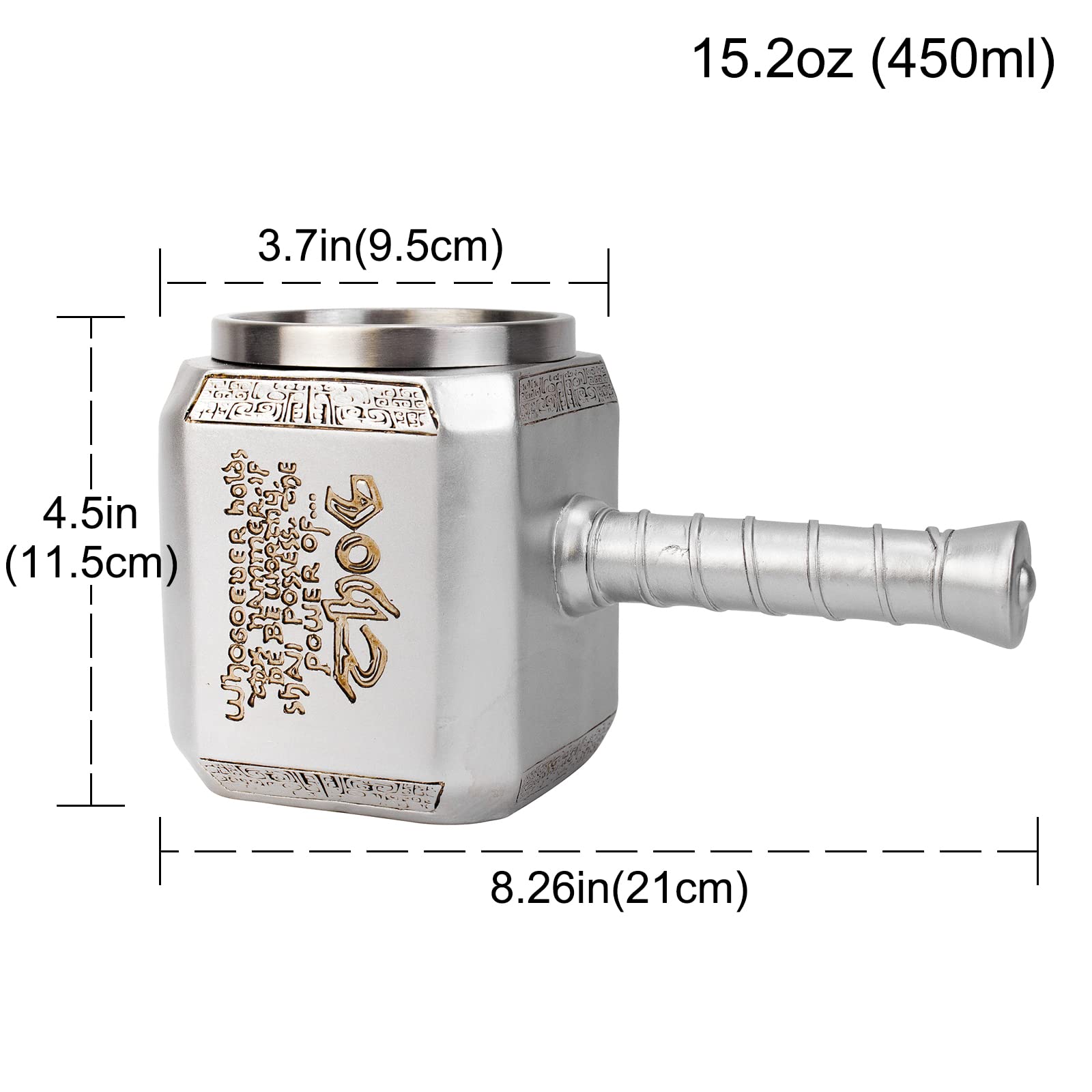 JIUMOZHI Thor Hammer Mug Tankard Nordic Style Decorations Stainless Steel Resin Norse Mythology Mjolnir Beer Mug with Corkscrew Milk Coffee Cup 15.2 Oz (450ml) (Silver)