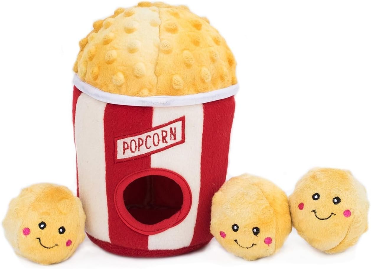 ZippyPaws - Food Buddies Burrow, Interactive Squeaky Hide and Seek Plush Dog Toy - Popcorn Bucket
