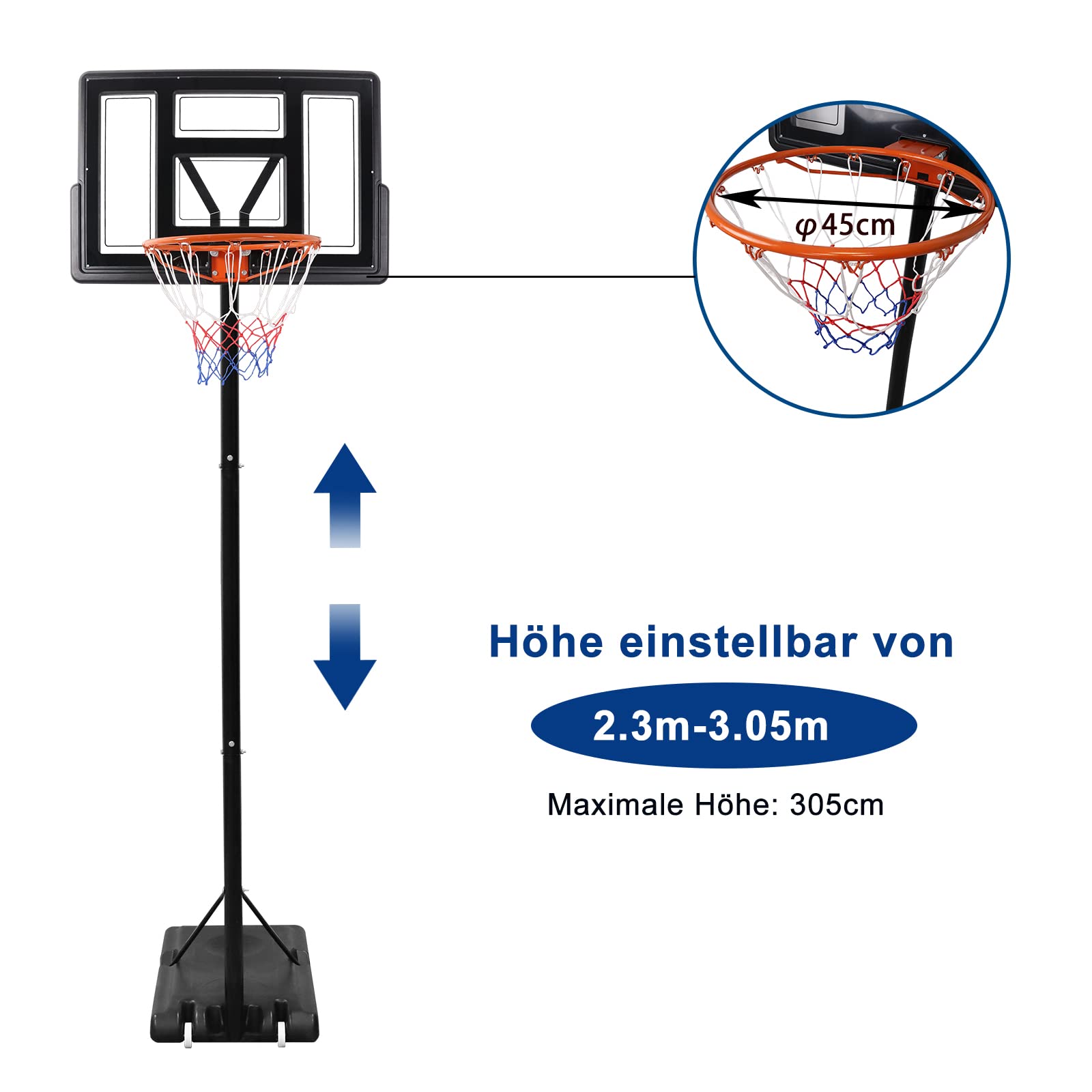 HENGMEI 3.05m Canestro da esterno, Attrezzatura da Basket per Parco Giochi Interno, Canestro da Basket Regolabile in Altezza con Ruote di Supporto per Bambini e Adulti, Nero
