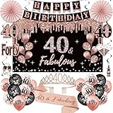 40th Birthday Decorations for Women, 33pcs 40th Birthday Crown and Sash, Black Rose Gold Happy 40th Birthday Banner Balloons Backdrop Hanging Swirls Paper Fans, 40 Years Old Birthday Decorations Kit