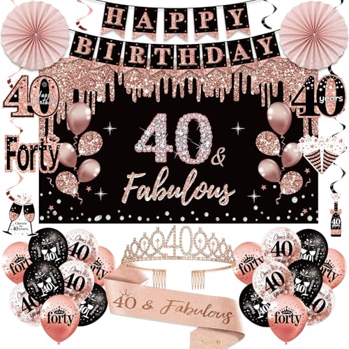 40th Birthday Decorations for Women 33pcs Black Rose Gold Happy 40th Birthday Banner Crown and Sash Balloons Backdrop Hanging Swirls Paper Fans 40 Years Old Party Supplies Kit